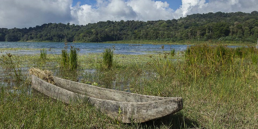 A picture of a lake taken from a field with tall grass during day time