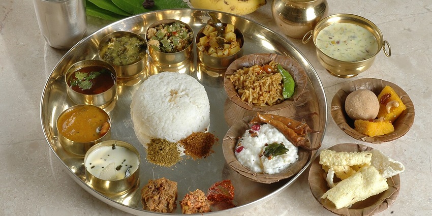 Snapshot of the traditional south Indian Thali with variety of food in the plate