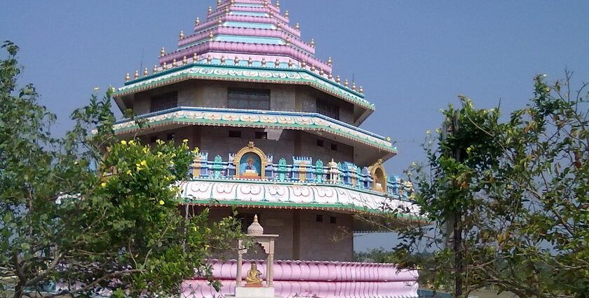 A quaint view of the spiritual tourist attraction in vibrant hues in Andhra Pradesh.