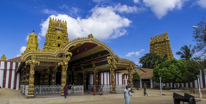 Front entrance of Nallur Temple, showcasing intricate carvings and vibrant colors.