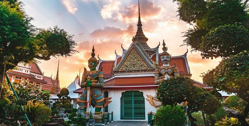 Facade of a temple, featuring intricate carvings - places to visit in Bangkok for couples.