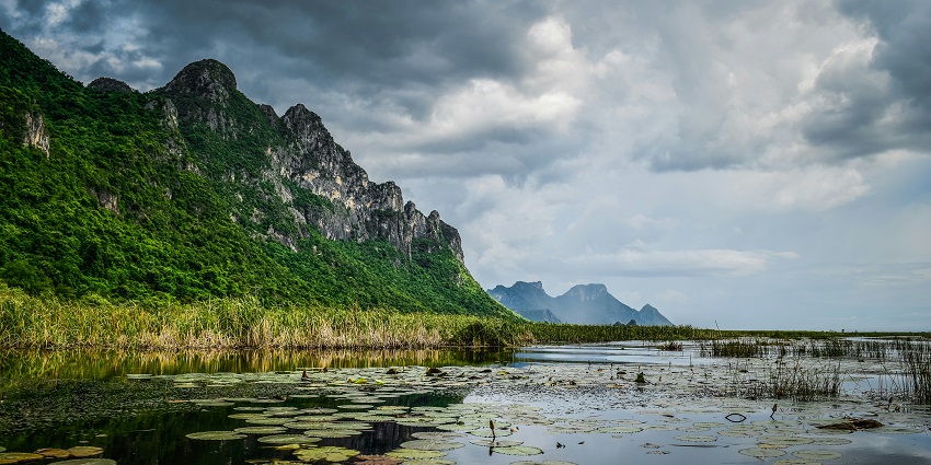 Image of Thailand with huge rocks coverd in lush greenery near body of water duringd rainy season
