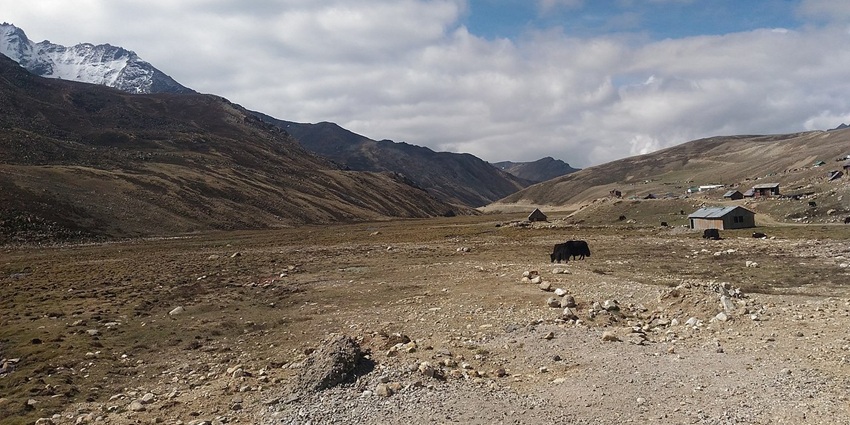 A picture of a rocky terrain near the Yumthang hot springs, with tall mountains in the background