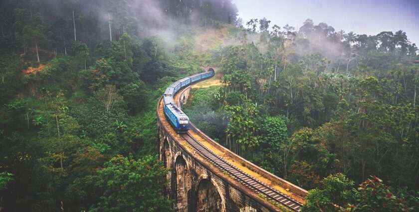 Panoramic view of a train passing through a ridge in the middle of dense forest and fog