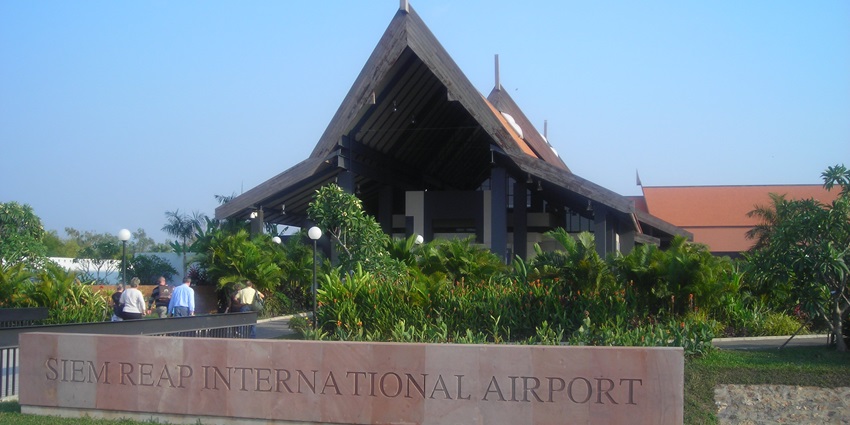 Beautiful Entrance of the Siem Reap airport in Vietnam surrounded by the an idyllic garden.