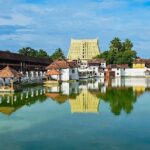 A beautiful lakeside view of a temple in Trivandrum