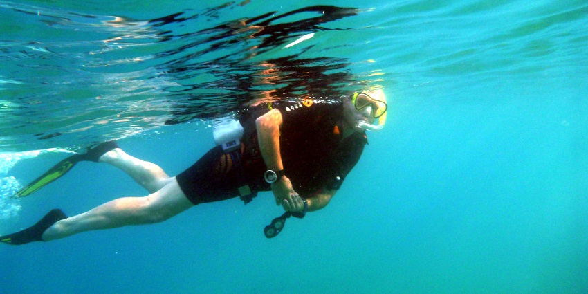 A picture of a person taking a swim and exploring the underwater world