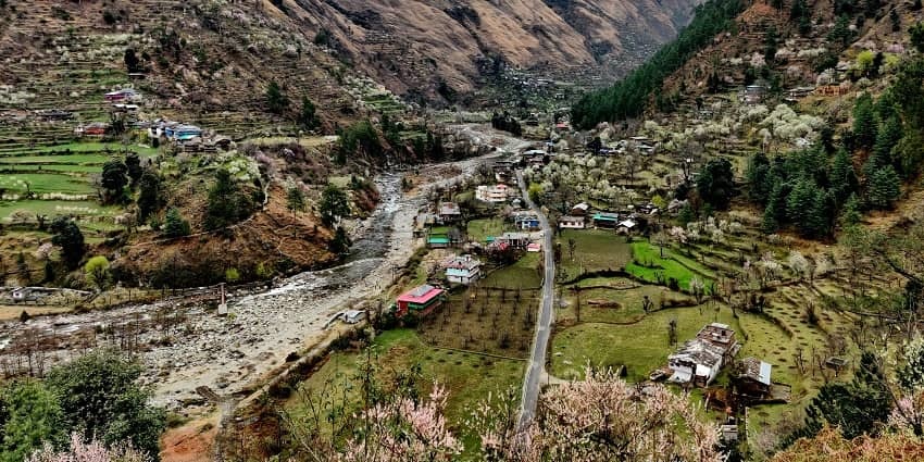 An aerial view of a small settlement around a mountain with houses and tea gardens