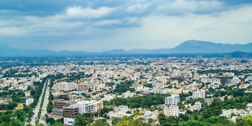 An aerial view of Tirupati where you can stay at the various hotels and resorts