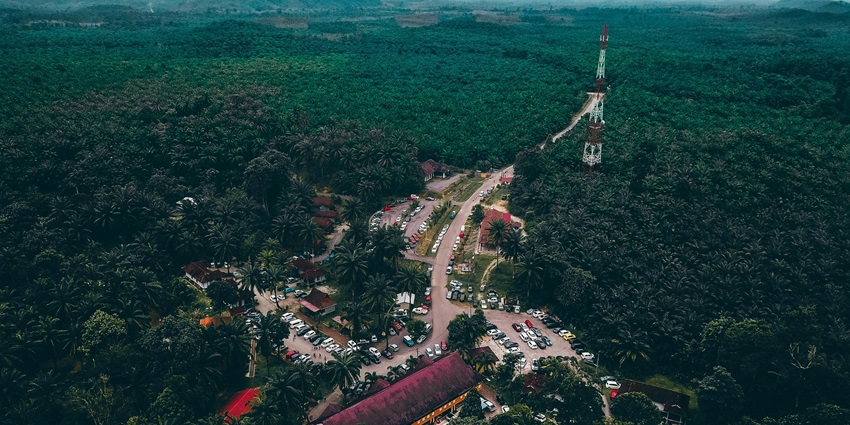 Beautiful image of a majestic town surrounded by the green lush forest and the hills