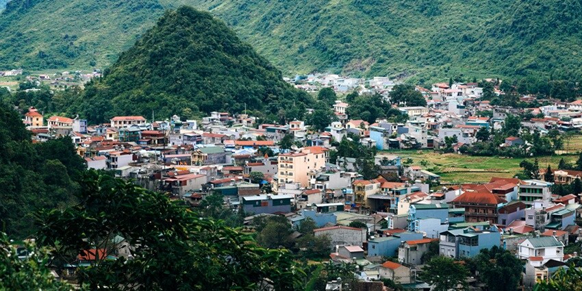 Aerial view of a beautiful town in the hills of Eastern Himalayan mountain ranges