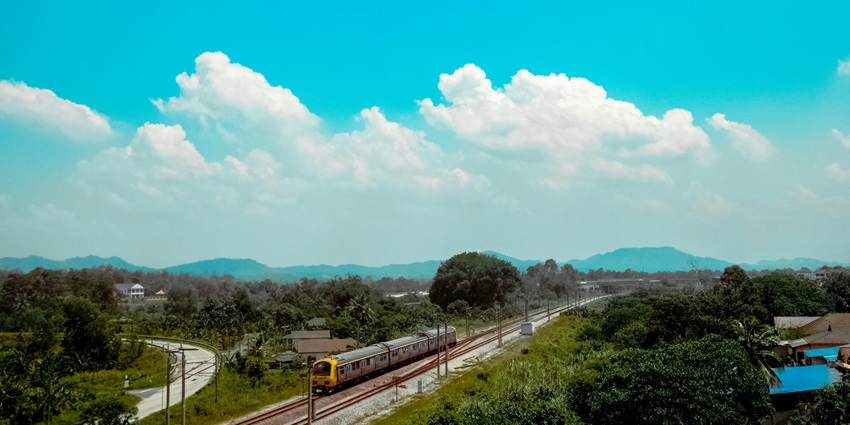 Bird eye view of railway track and the train on it—Reach Pakhui Wildlife Sanctuary