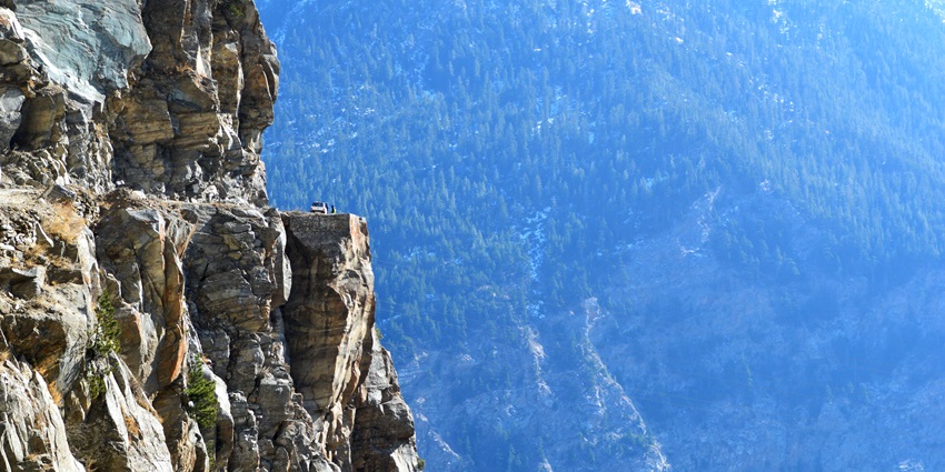 Panoramic image of the the cliff amidst the hills of Kalpa in Himachal