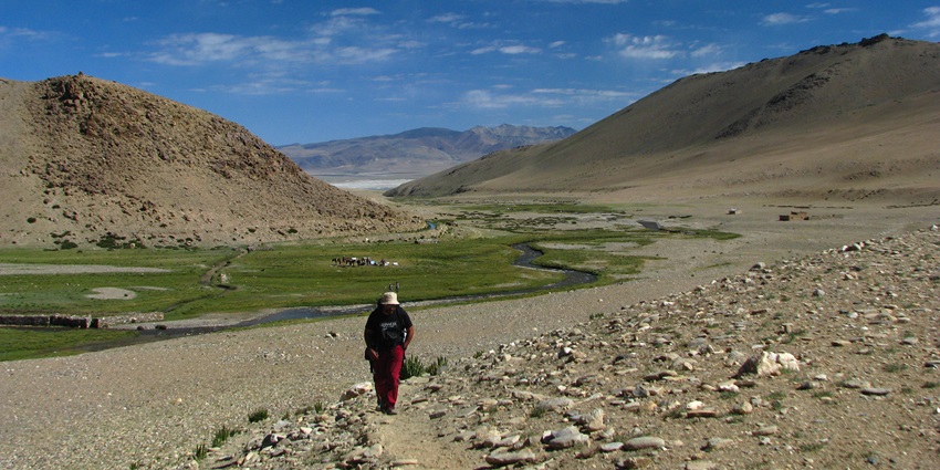 Trekkers leaving campsite in Ladakh during early morning-jasrota wildlife sanctuary