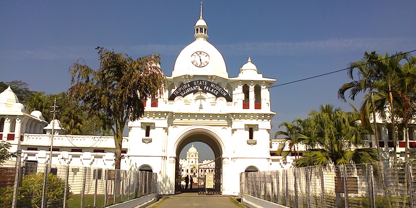 Elegant Ujjayanta Palace, now Tripura State Museum, with domes and lush gardens