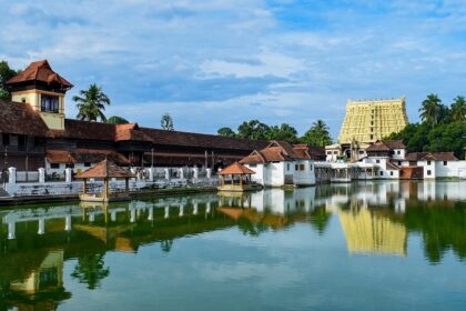 Scenic panoramic view of Trivandrum city with the temple in the backdrop taken by the pond