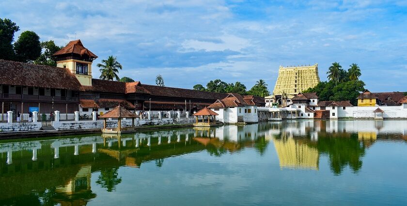 Scenic panoramic view of Trivandrum city with the temple in the backdrop taken by the pond