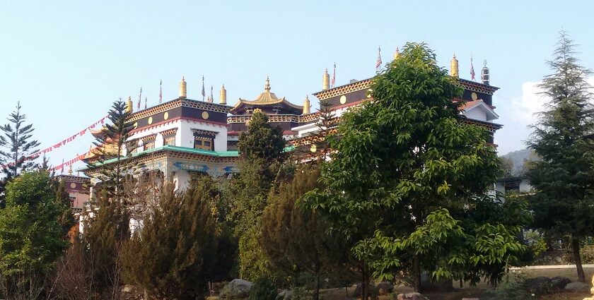 The panaromic view of the beautiful Tsering Jong Monastery in Bir, Himachal