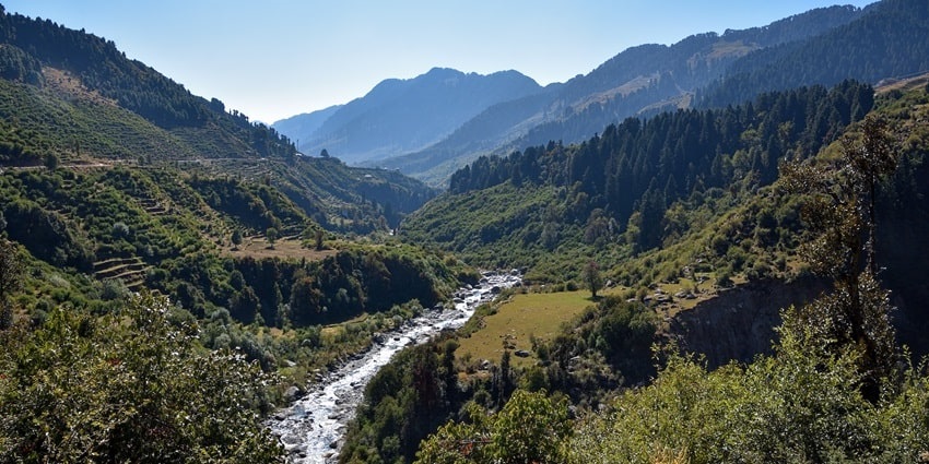 Panoramic picture of a Uhl River following through the beautiful valley of the Himachal