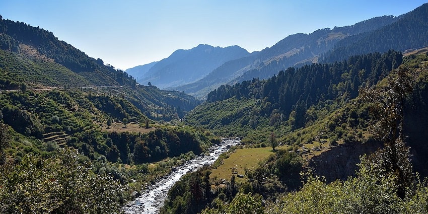 View down the Uhl River to Baragram Kangra District, a scenic spot to relax.