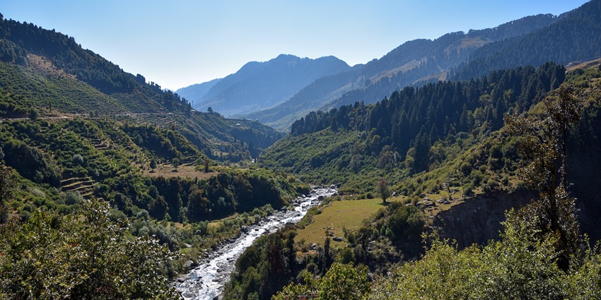 Panoramic image of the beautiful uhl river following through the Wildlife in Himachal