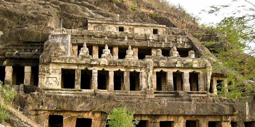 Panoramic view of ancient caves of Undavalli near the Pedakakani temple site