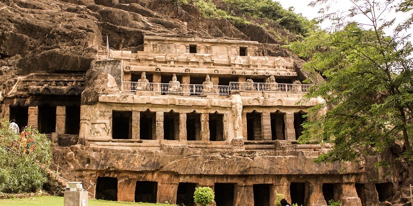 Undavalli Caves are carved out of rocks with statues of Gods inside these shrines