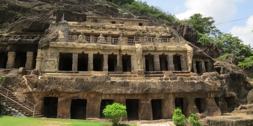 Stunning view of Undavalli Caves in Vijayawada, showcasing intricate rock-cut architecture.