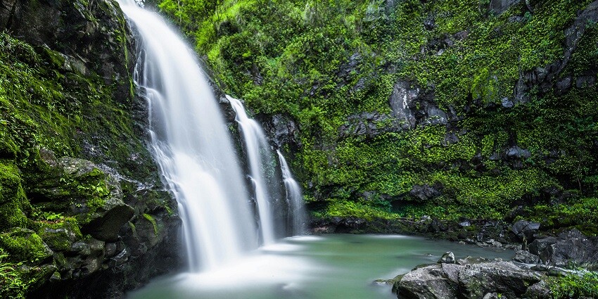 An astonishing view of cascading waters surrounded by lush green trees at Valasampeta.