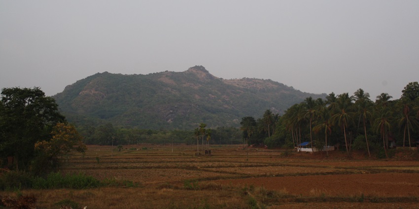 A picture of a rugged terrain with a tall and green mountain in the background