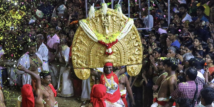 A grand ritual for Goddess Bhadrakali with devotees dancing