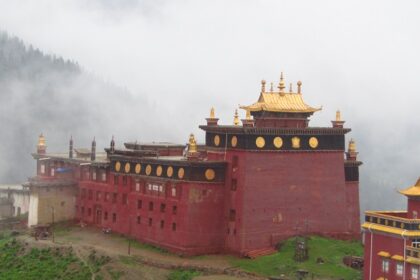 A back view of the monastery situated in Himachal Pradesh from where clouds can be seen.