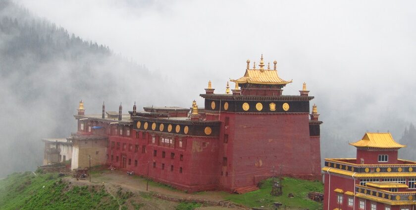 A back view of the monastery situated in Himachal Pradesh from where clouds can be seen.