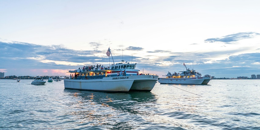 Ferries docked at a harbour with a picturesque island backdrop and calm waters.
