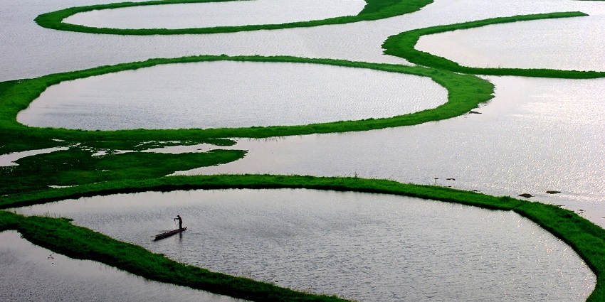 Image of Loktak Lake's vast expanse with floating islands and calm, reflective waters.