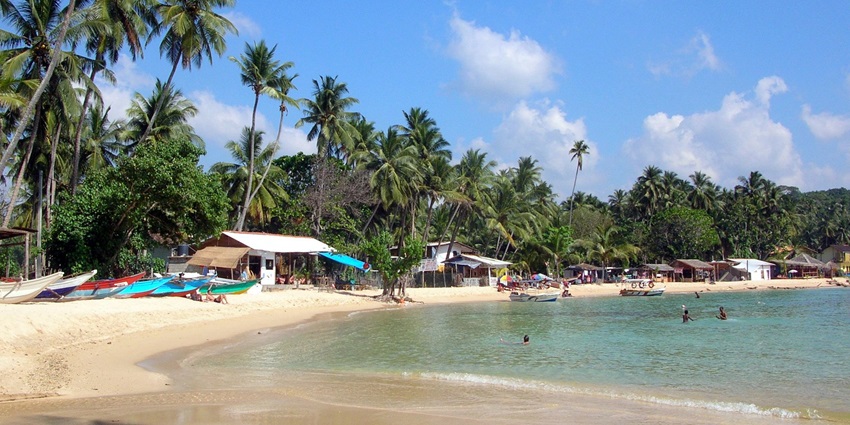 Idyllic Unawatuna Beach with golden sand, clear turquoise water, and lush greenery.