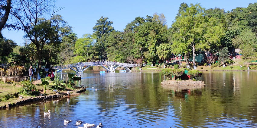 A scenic view of the famous Wards’s Lake with lush green trees in the background.