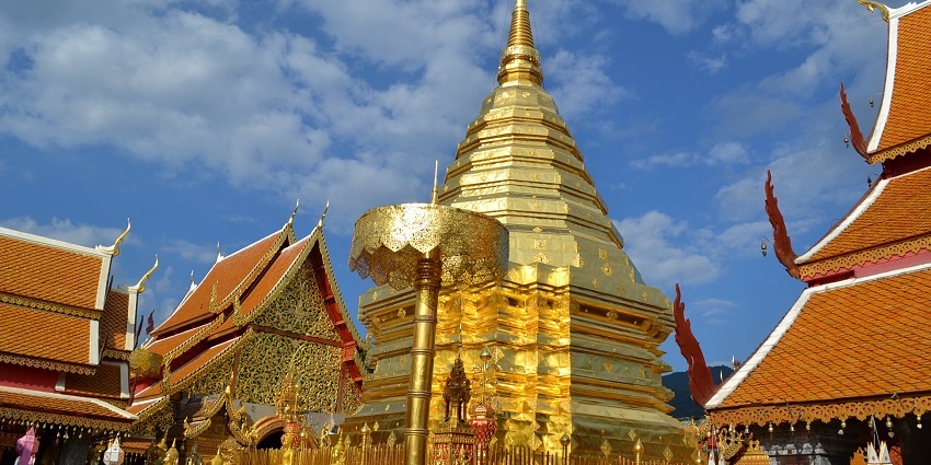 An Image of the beautiful Buddhist temple with a clear blue sky in the background