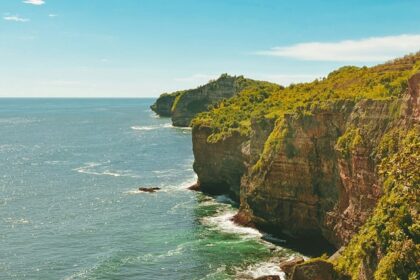 A breathtaking view of a turquoise water body near a lush green cliff during the daytime.