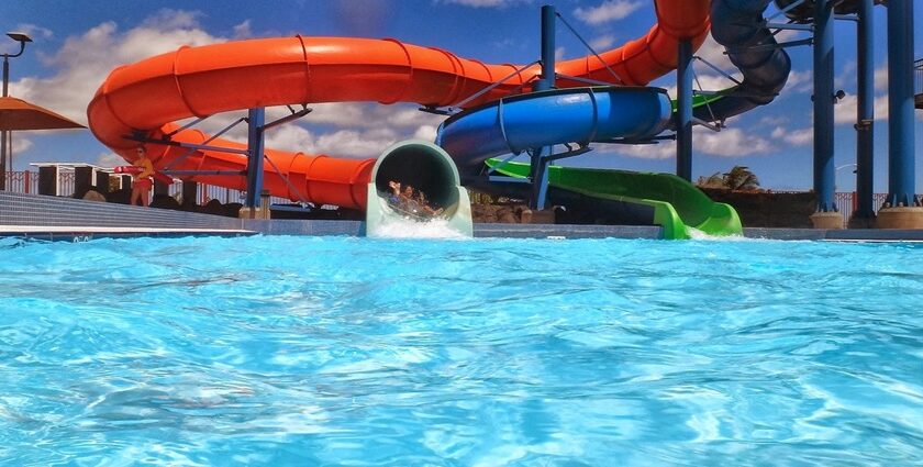 Beautiful image of a thrilling water sledge in the just chill water park new Delhi