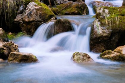 A quaint view of shimmering waters flowing down through the rocks in Andhra Pradesh.