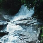 A breathtaking view of a small waterfall surrounded by lush greenery during the daytime.