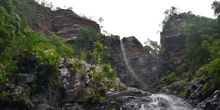 View of Talakona Waterfall cascading down lush green rocks in a serene forest setting.