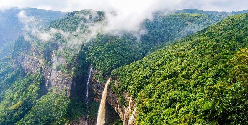 Scenic view of waterfall in Shillong - one of the best places to visit in Cherrapunji.