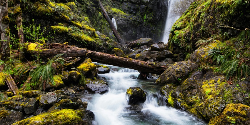 River flowing gently with a waterfall cascading into it, surrounded by natural beauty.