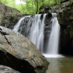 A stunning vista of water pouring down from rocky cliffs and merging the tranquil river.