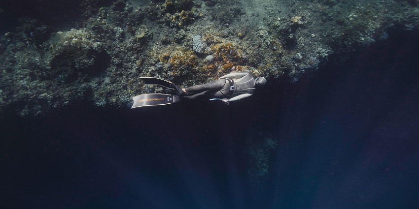 Scuba diving in Vietnam, equipped with diving gear and surrounded by sea life.