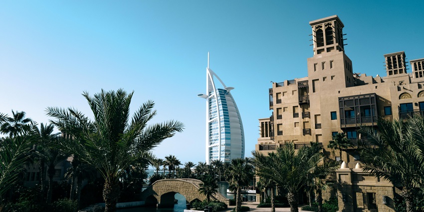An image of a hotel with a view of Burj Al Arab located in the United Arab Emirates.
