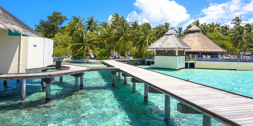 A stunning view of a water villa in Maldives during the daytime surrounded by palm trees.