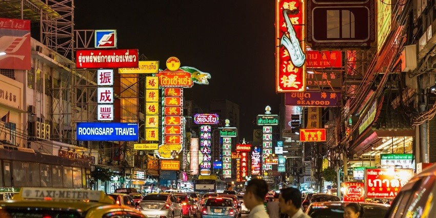 Yaowarat is a bustling street decked with neon lighting and sumptuous food joints.
